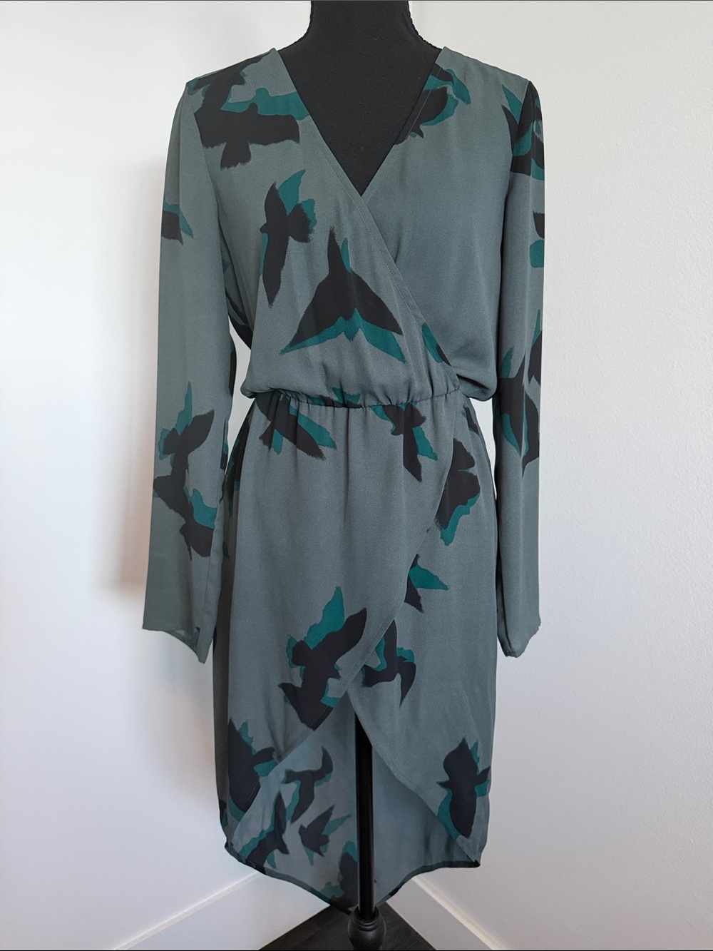 Leith Grey Wrap Front High-Low Dress with Teal Bird Print